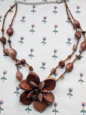 boho earthy brown multistrand beaded stone flower necklace